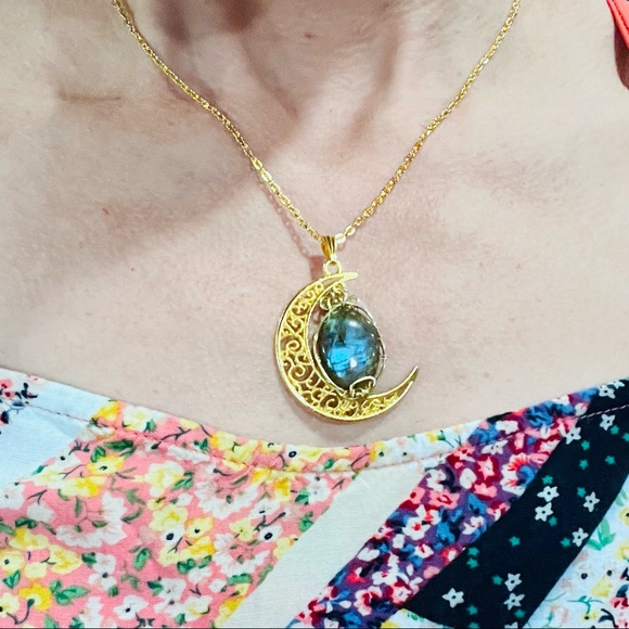 Gold Moon & Labradorite Pendant Necklace - Picture 3 of 5